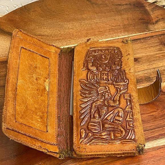 🌻VTG Leather Mayan Calendar Tri Fold Wallet - Picture 3 of 10